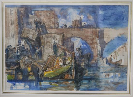 Sir Frank Brangwyn, watercolour, Cotton on the Canal, Manchester, initialled, 1962 Fine Art Society label verso, 23 x 33cm